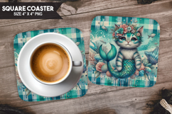 Cute Cat, Fantasy &amp; Whimsy, Buffalo Plaid Square Coaster PNG Product Image 1