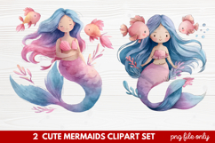 2 Cute Mermaids Clipart Set | Whimsical Mermaid Illustration Product Image 1