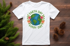 Digital PNG design featuring a hand-painted illustration of planet Earth with green continents and blue oceans, encircled by vibrant pink, orange, and purple flowers with leafy accents. The text &quot;Earth Day&quot; appears above and &quot;Go Planet!