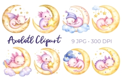 Kawaii Baby Axolotl Sleeping on Moon Clipart Set Product Image 1