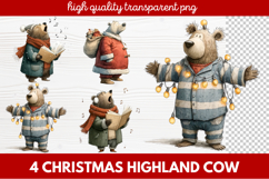 4 Christmas Highland Cow Clipart | Rustic Festive Cow PNG Product Image 1