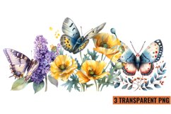 Watercolor Butterflies With Flowers Clipart PNG , Product Image 1