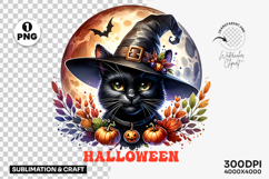 Halloween Black Cat Witch Hat Full Moon Bat Clipart PNG Product Image 1
