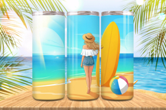 A cute girl in beach with surfboard Tumbler Wrap PNG Sublima Product Image 1