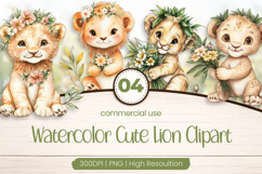 Watercolor Cute Lion Clipart PNG Product Image 1