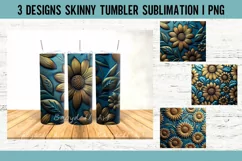 Tooled Leather Flowers Blue Gold Tumbler Sublimation PNG Product Image 1
