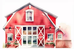 Red Farmhouse clipart, Watercolor house, Red Farm 14 PNG Product Image 2
