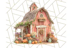 Fall Barn Clipart PNG With Pumpkins and Flowers, Autumn Png Product Image 5