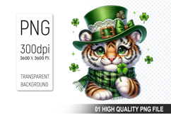 St. Patrick’s Day Tiger with Hat Clipart, Shamrocks PNG Product Image 1