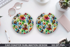 Flower Car Coaster Sublimation| Summer Flowers Coaster PNG Product Image 1