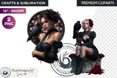 Gothic Girls with raven and roses fantasy PNG Clipart Product Image 1
