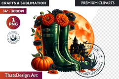 Halloween Floral Rain Boots - Cute Witchy Garden Clipart PNG Product Image 1