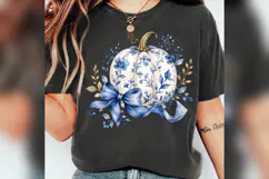 Blue Floral Pumpkin PNG, Chinoiserie Pumpkin with Bow, Coque Product Image 7