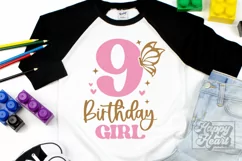 9th Birthday Girl SVG - Nine Butterfly 9 Birthday Girl PNG Product Image 1