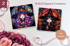 Stained Glass Witch Square Coaster, Halloween Witch PNG Product Image 1