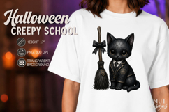 Creepy School Black Cat witch broom Gothic Halloween PNG Product Image 1