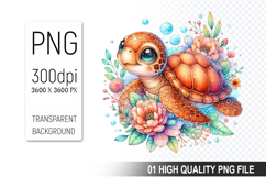 Floral Sea Turtle Clipart, Watercolor Sea Turtle PNG File Product Image 1