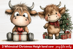 2 Whimsical Christmas Highland Cow Clipart | Cute Festive Product Image 1