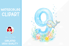 Watercolor Ocean Numbers Clipart Bundle 1-9,Sea Animals PNGs Product Image 10