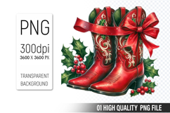 Christmas Cowboy Boots Clipart PNG, Festive Cowboy Design Product Image 1