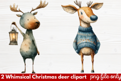 2 Whimsical Christmas Deer Clipart | Cute Festive Deer PNG Product Image 1