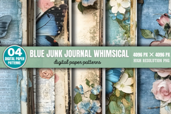 Blue Junk Journal Whimsical Patterns Background PNG Product Image 1
