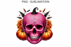 Pink Skull Pumpkin Halloween PNG, Spooky Season Graphic Product Image 4