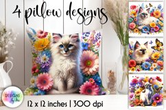 Cats with Flowers Watercolour Pillow Design, Cat Lover Print Product Image 1