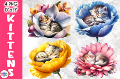 Cute Floral Cat Illustrations, Kittens in Flowers Clipart Product Image 1