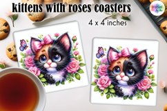 Cute Kitten with Pink Roses and Butterfly Coaster Design Product Image 1