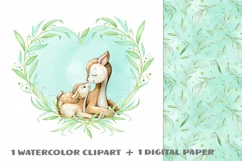 deer Mother's Day watercolor clipart, digital paper JPG, gir Product Image 1