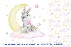 bunny moon clipart digital paper baby girl nursery decor sub Product Image 1
