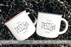 Two white coffee mugs mockups on leopard print