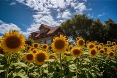 Sunny sunflower field with countryside house Product Image 1
