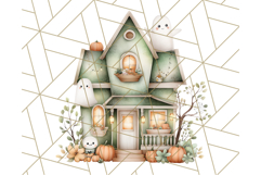 Watercolor Halloween Cottage Clipart, Ghosts &amp; Pumpkins Png Product Image 3