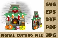 Christmas Cat Fireplace gifts fir wreath Card Template SVG Product Image 1