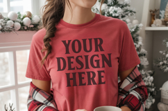 Christmas Comfort Colors 1717 Red T-Shirt Mockup Real Model Product Image 1