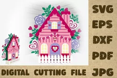 Valentine's Cottage Card Valentine's Day Card SVG 3D Papercu Product Image 1