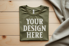 Heather Olive Folded Bella Canvas 3001 Flat Lay T-Shirt Mock Product Image 1
