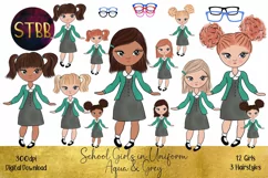 School Girls in Aqua Jumper / Cardigan and Grey Dress Product Image 1