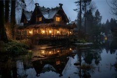 Enchanted cottage at twilight by the lake Product Image 1