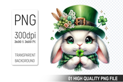 St. Patrick’s Day Bunny with Hat Clipart, Shamrocks PNG Product Image 1