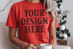 Christmas Comfort Colors 1717 Red T-Shirt Mockup Real Model Product Image 1
