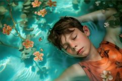 Serene child floating among floral water reflections Product Image 1