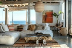 Bright living room overlooking the ocean with wooden beams a Product Image 1