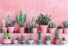 Collection of various cacti plants displayed on pink wall Product Image 1
