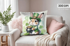 Cute Bunny Leprechaun Holding Pot of Gold Pillow PNG Sublima Product Image 1