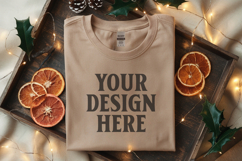 Gildan 5000 Sand Folded Christmas Mockup, G5000 mockup Product Image 1