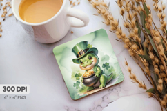 Cute Dinosaur Leprechaun with Pot of Gold Square Coaster PNG Product Image 1
