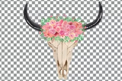 Watercolor pink floral Bull Skull clipart, Indian Tribal png Product Image 2
